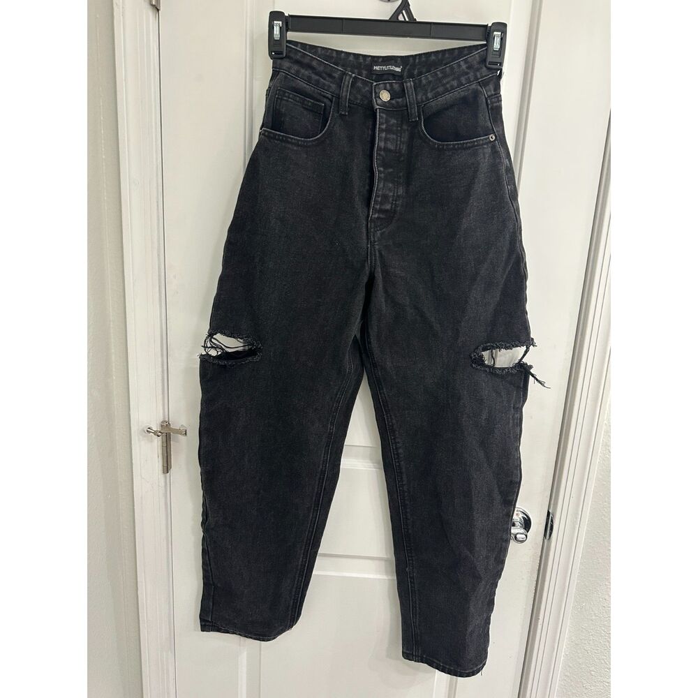 Size 2 PrettyLittleThing Black Distressed Barrel High Waisted Jeans Curved Baggy